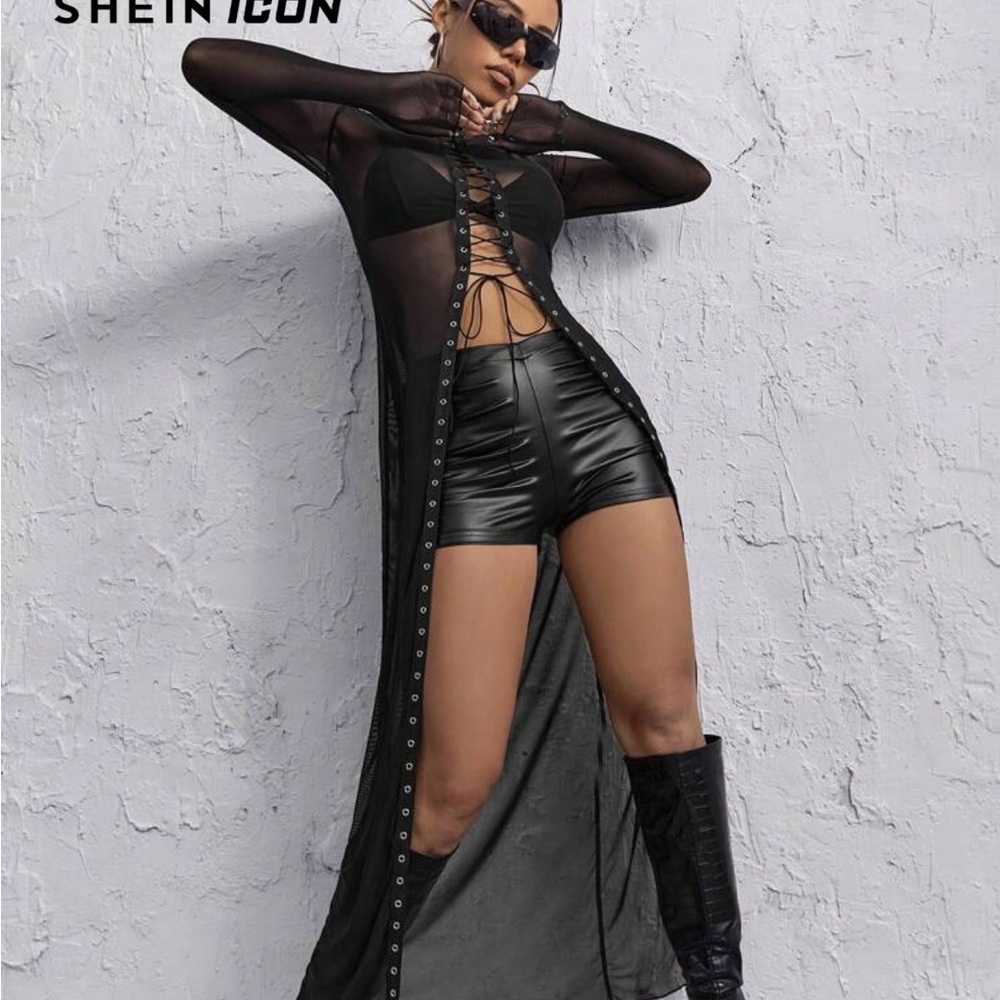 SHEIN ICON Black Lace Up Front Mesh Top - Sz S 🖤NWT - Picture 2 of 4